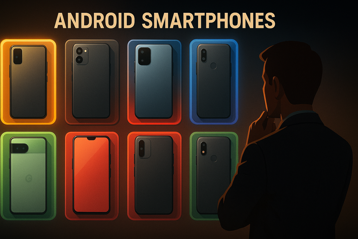 Grid of sleek Android smartphones under glowing frames, thoughtful shopper silhouette—strategic choice moment, cinematic and modern