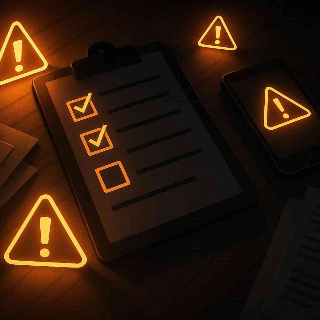 Dark desk with glowing orange warning signs and checklist—serious caution mood, attention-grabbing alert energy