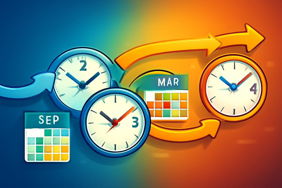 Vibrant clocks and calendars connected by arrows—dynamic timing strategy, vivid urgency, and colorful deadline focus