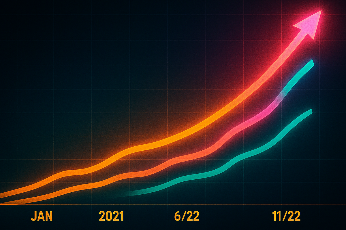 Neon growth chart with glowing rising lines—powerful upward momentum, futuristic data energy, and exciting progress visualization