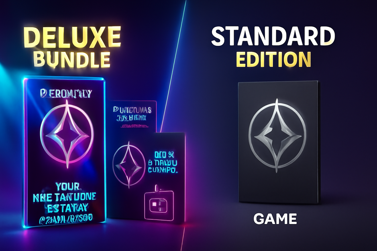 Vibrant split-screen of deluxe vs standard game edition with glowing neon packaging—premium vibe, bold comparison, irresistible collector energy