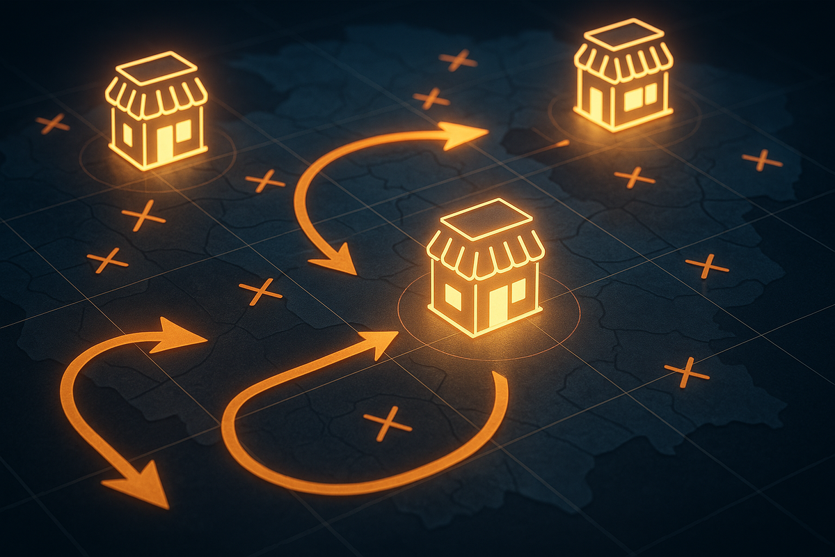 Cinematic map with glowing shop icons and strategy arrows—treasure hunt shopping plan, adventurous gamer spirit, electrifying urgency