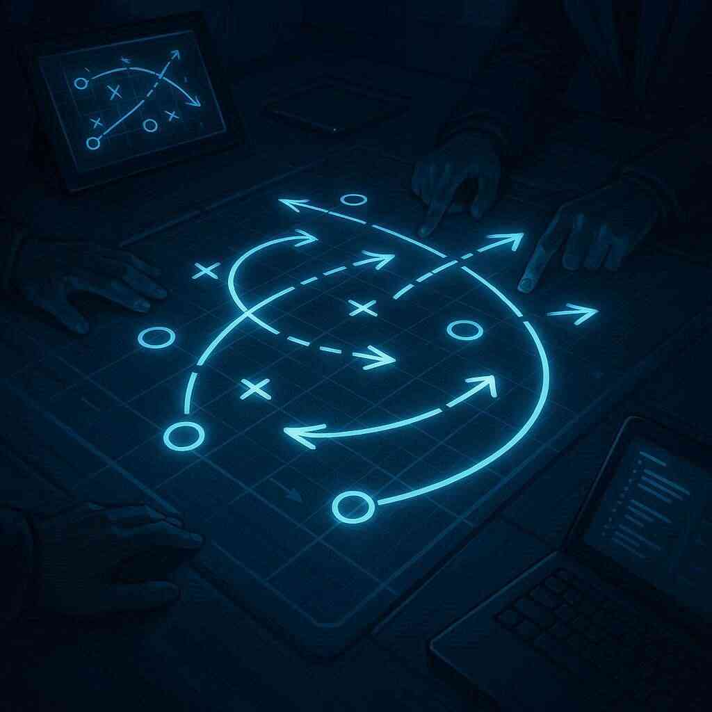 Dark futuristic tabletop strategy board glowing with blue arrows and tactical planning hands—intense decision-making, high-stakes vibe