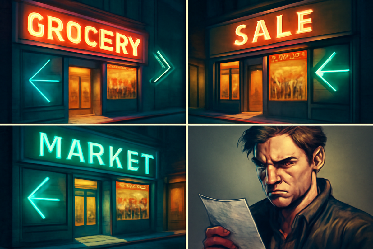 Moody comic-style storefront collage with neon sale signs and a frustrated buyer reading receipt—emotional shopping drama, real-life caution energy