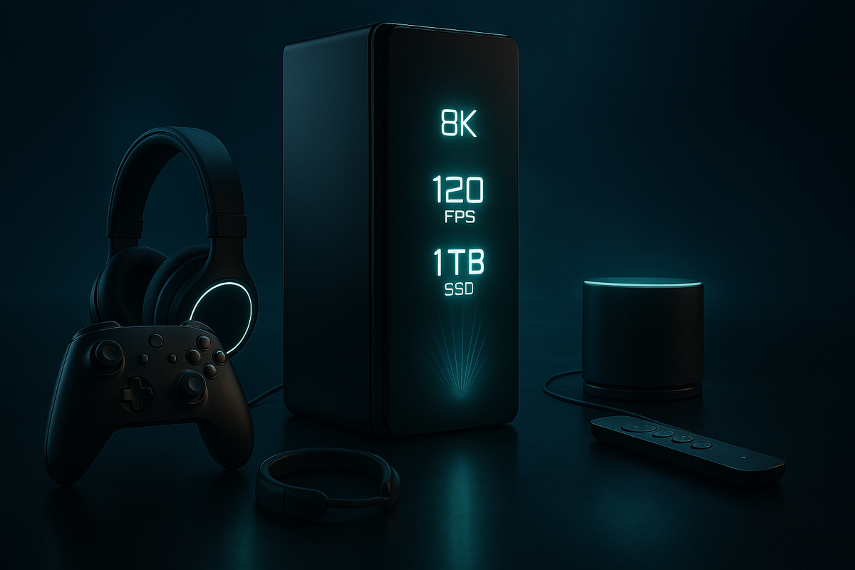 Futuristic gaming setup with glowing console specs and accessories—sleek high-tech allure, next-gen power, and immersive excitement