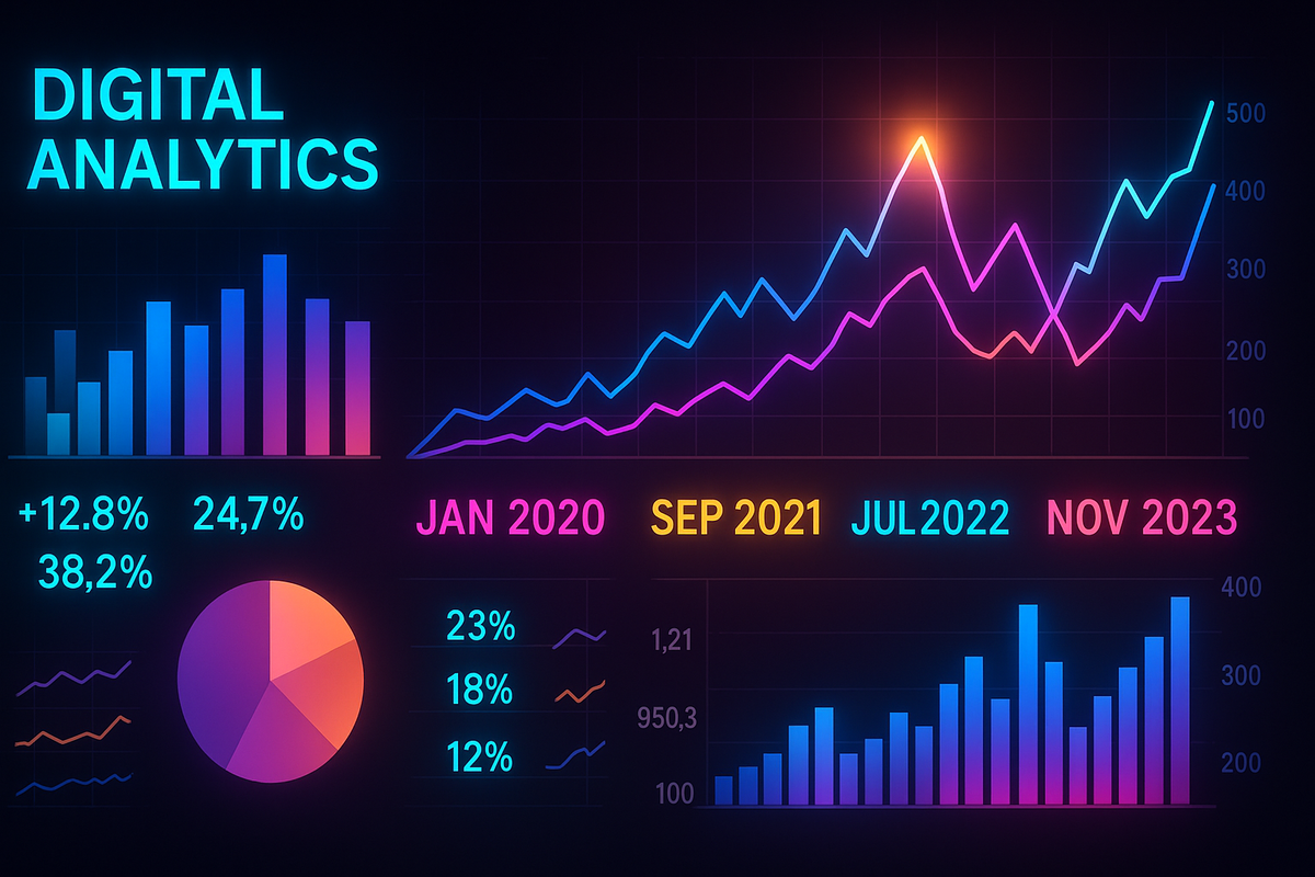 Vibrant analytics dashboard with colorful charts, glowing trend lines, and explosive data growth—insight-driven decisions, futuristic energy, digital dominance