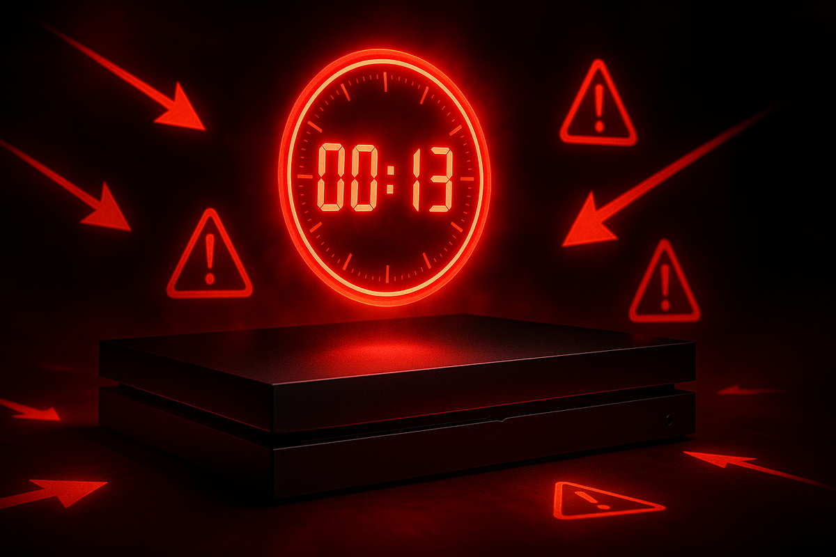 Dark console with red digital countdown timer, glowing exclamation icons and arrows—tense urgency, limited-time drop panic, adrenaline-fueled rush