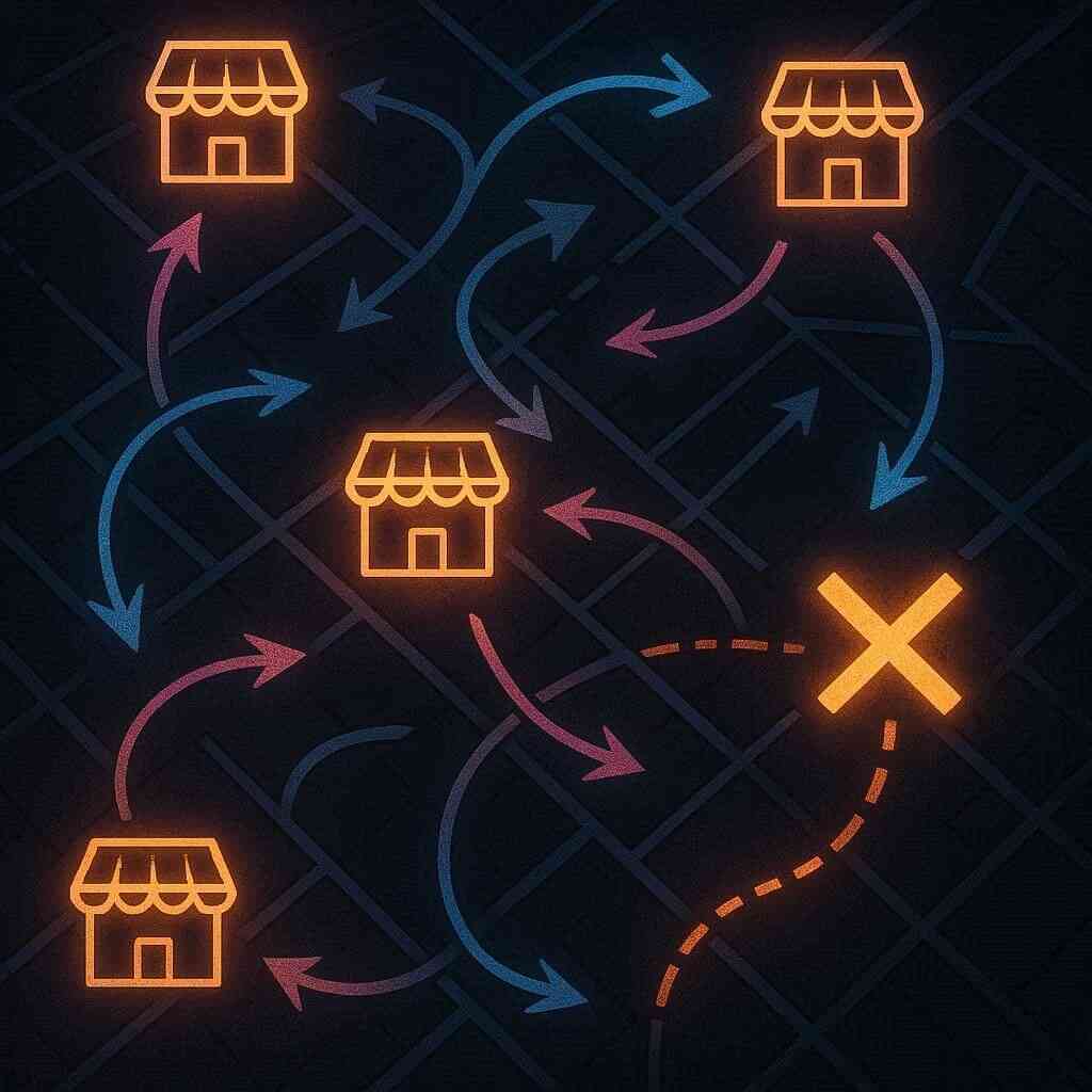 Neon map with glowing store icons and paths leading to a marked X—treasure-hunt energy, strategic store-hopping, stealthy gamer mission vibes