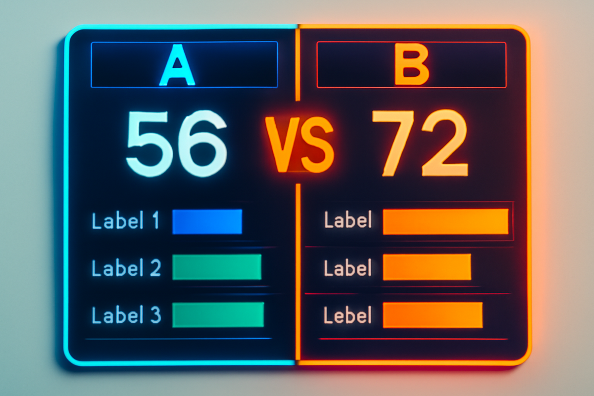 Bright side-by-side glowing scoreboard comparison panel—A vs B clash with bold numbers and neon bars, decisive strategy energy, fierce competition