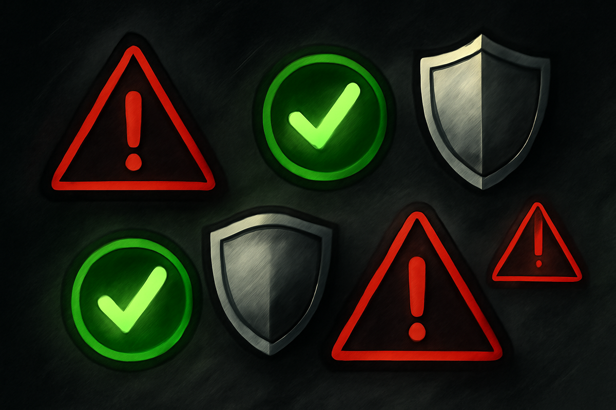 Dark-toned warning and security icons with glowing red triangles and green check marks—intense caution, protection vibes, trust vs danger tension
