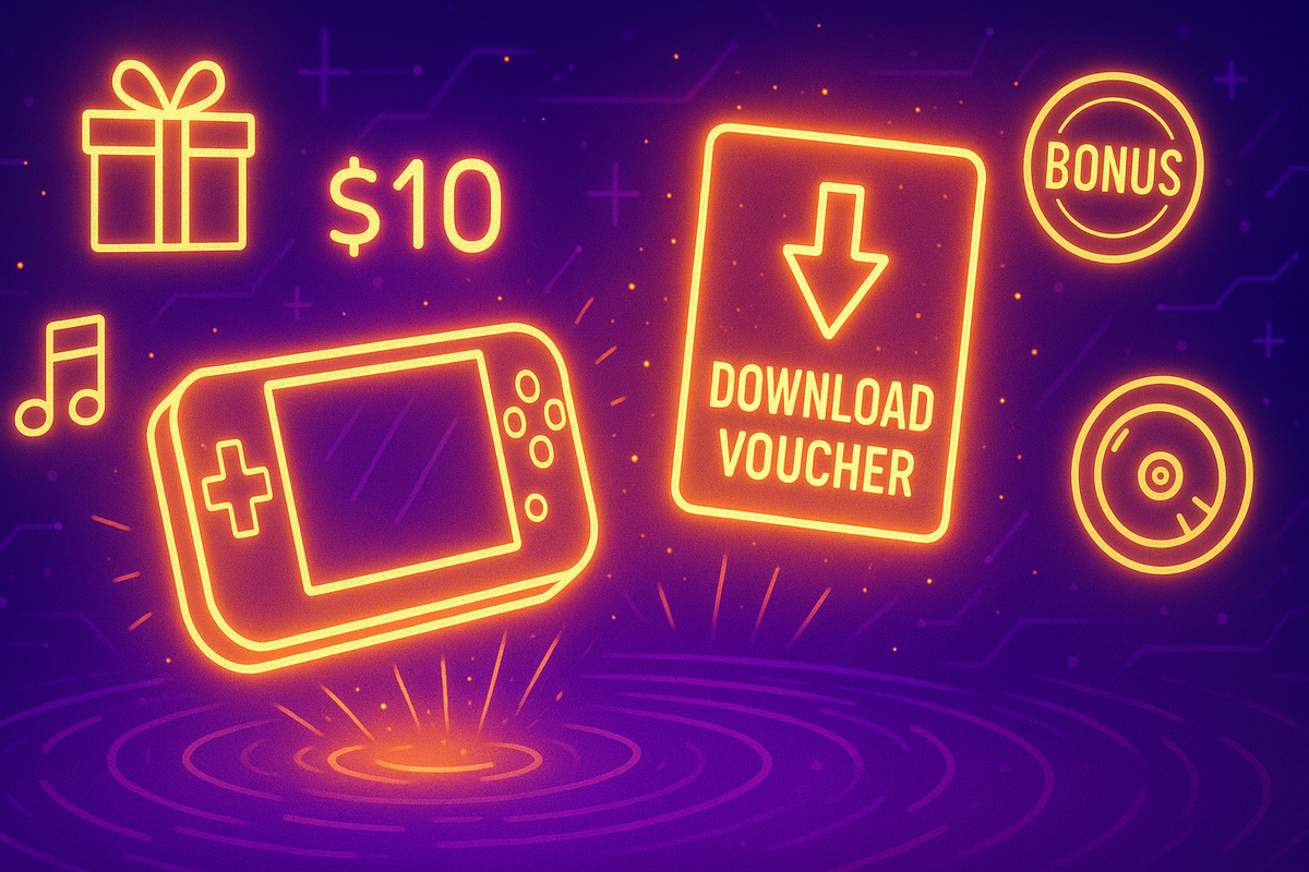 Glowing orange icons of handheld console, download voucher, bonus coin, and gift box—digital rewards and download perks visualized in a vibrant purple tech vibe