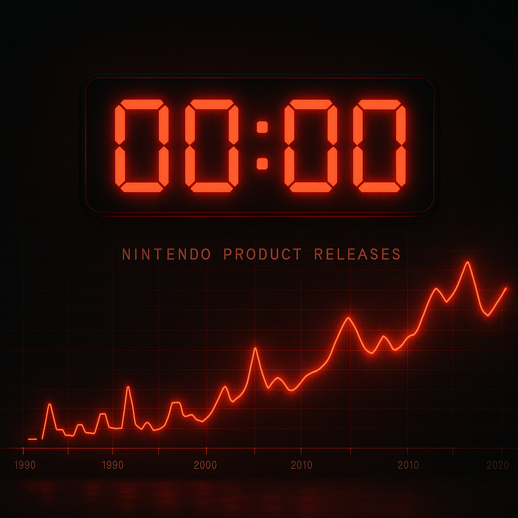 Red glowing countdown clock at 00:00 over a Nintendo product release timeline—tense midnight drop anticipation and market hype surge energy