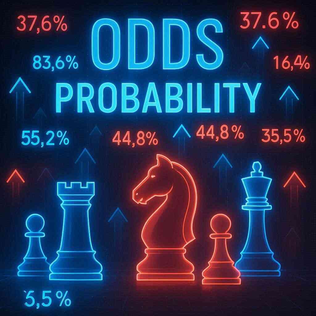 Neon chessboard with pawns, knight, rook, and bold probability percentages—strategic odds calculation for winning invite lotteries, sharp and competitive vibe