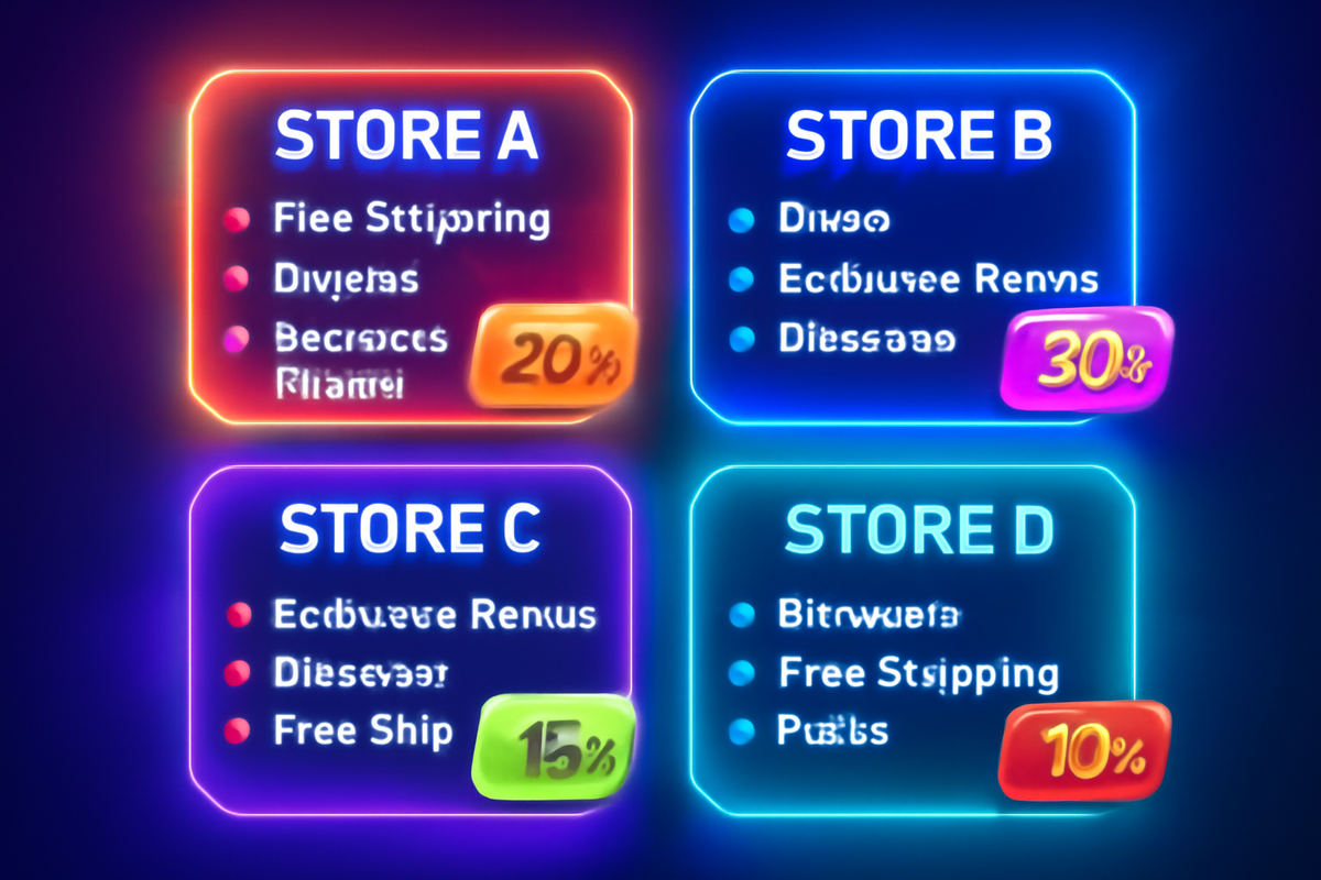 Bright neon store comparison grid with colorful discount badges—quick visual guide to best deals, glowing cyber marketplace energy