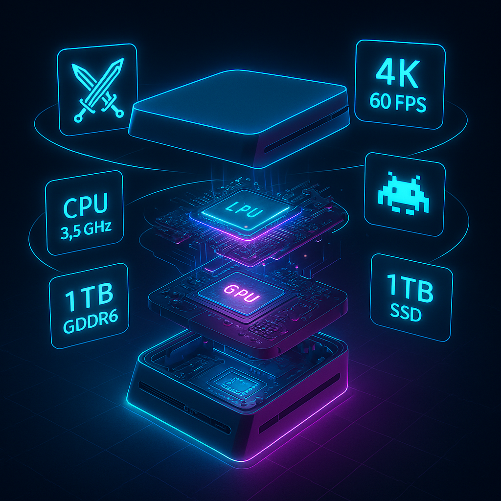 Exploded view of gaming console hardware with neon CPU, GPU, and SSD labels—high-performance specs illustration with tech excitement and futuristic glow