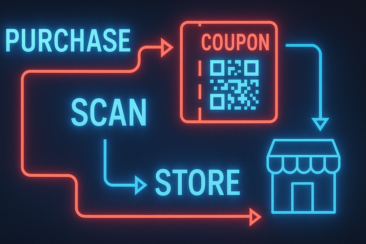 Minimalist neon flowchart of a digital coupon system—QR scan, purchase, store redemption—sleek futuristic guide with glowing tech precision