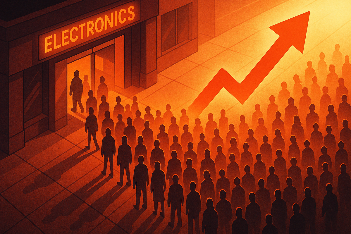 Massive glowing arrow rising over a crowd at an electronics store entrance—fierce competition, hype-filled launch day rush, dramatic anticipation