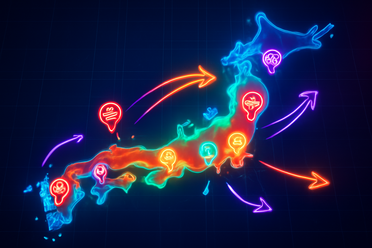 Vibrant neon Japan map with glowing store location markers and arrows—nationwide logistics, hot distribution network, colorful data-driven planning energy