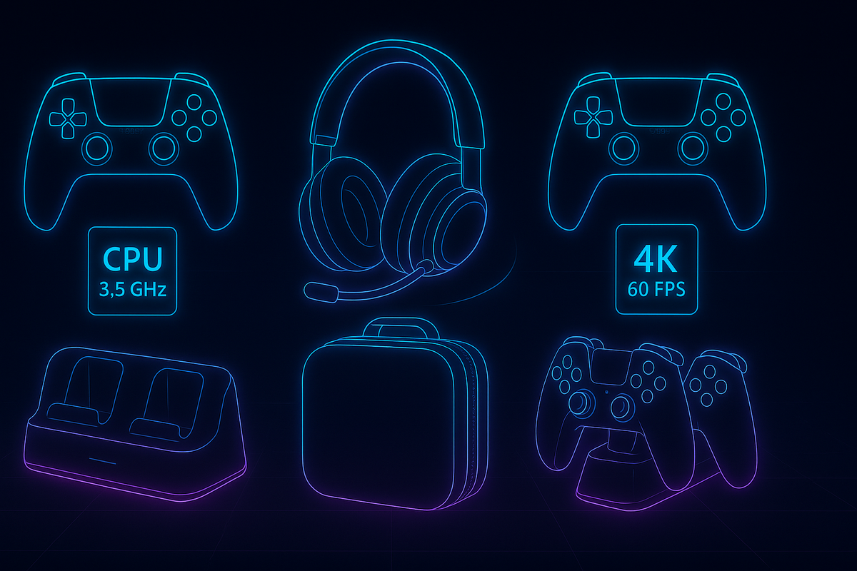 Glowing neon outline of essential gaming accessories—controllers, headset, dock—elite gear showcase, futuristic setup inspiration, high-performance gaming thrill