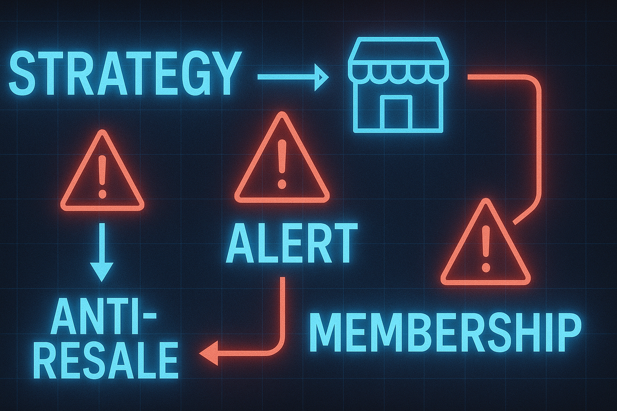 Bright neon strategy flowchart with red alert signs, anti-resale measures, and membership verification—vigilant security vibes, bold resale crackdown, electrified gaming retail control