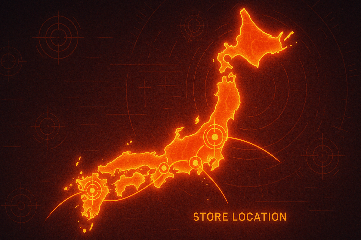 Fiery glowing Japan map with pinpointed store locations and radar scan effect—intense heatmap of gaming hotspots, nationwide Switch2 launch excitement, mission-critical shopping strategy