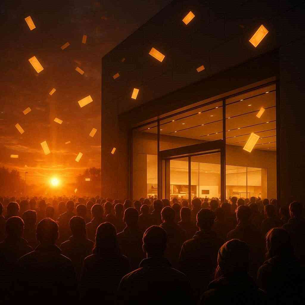 Sunrise over a bustling electronics store with a glowing crowd and golden raffle tickets flying—epic anticipation, electric dawn energy, fever-pitch console launch rush