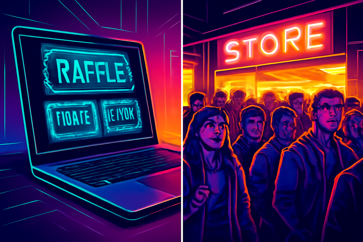 Split-screen neon scene: left side laptop with “RAFFLE” glowing, right side crowded storefront—high-stakes contrast between online lottery tension and in-person midnight line thrill