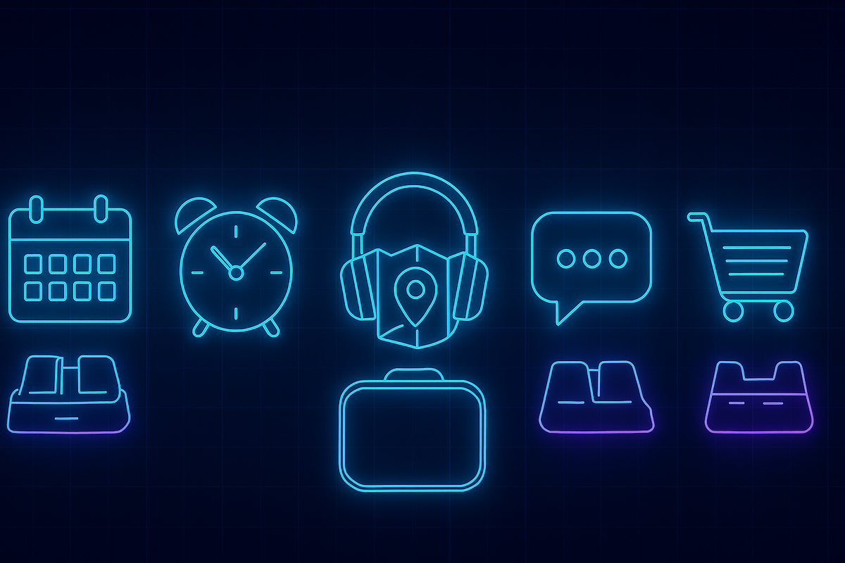 Sleek neon icons of calendar, alarm clock, headphones, shopping cart, and travel case—organized gamer’s toolkit, ultimate launch-day prep essentials, glowing futuristic aesthetic