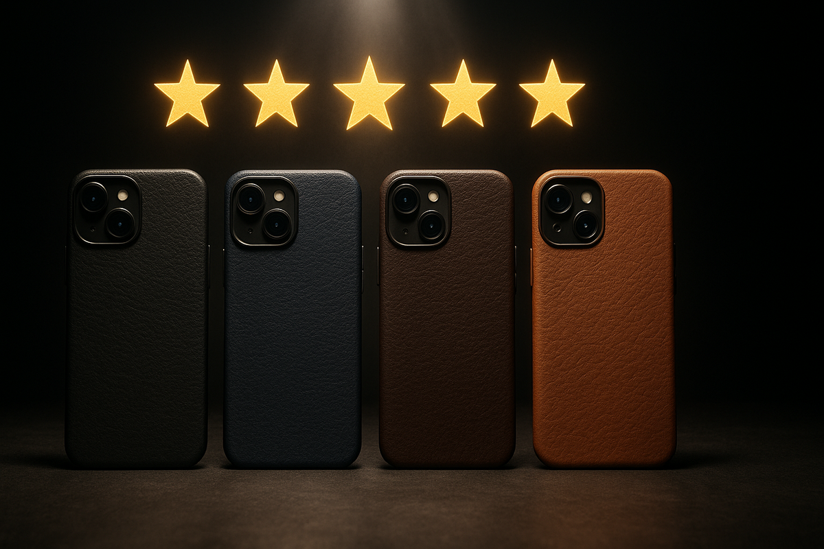 Elegant lineup of four leather phone cases under five glowing stars—premium craftsmanship, luxurious textures, and high customer satisfaction aura