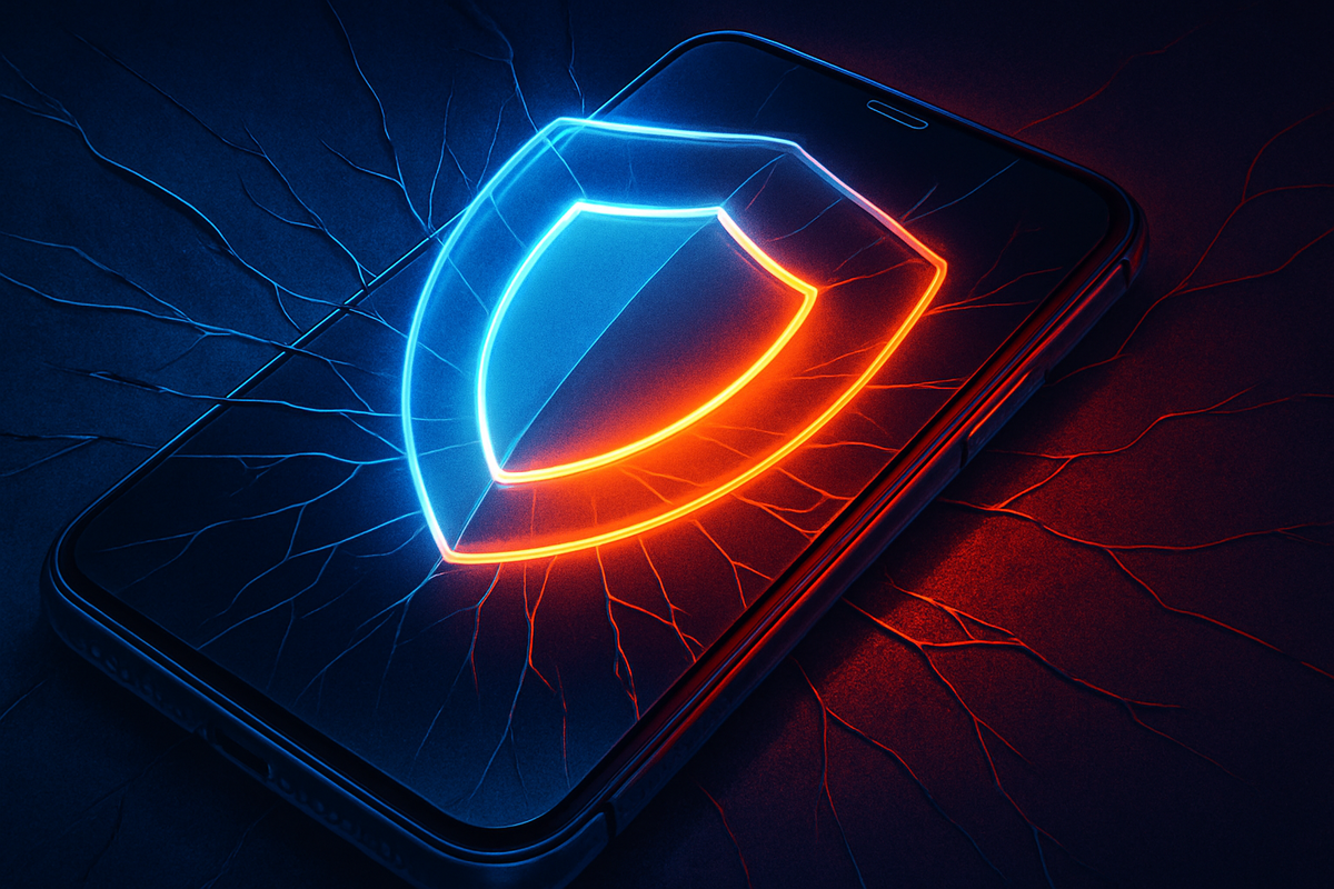Smartphone with glowing neon shield icon—ultimate screen protection power, bold durability, and electrifying security energy