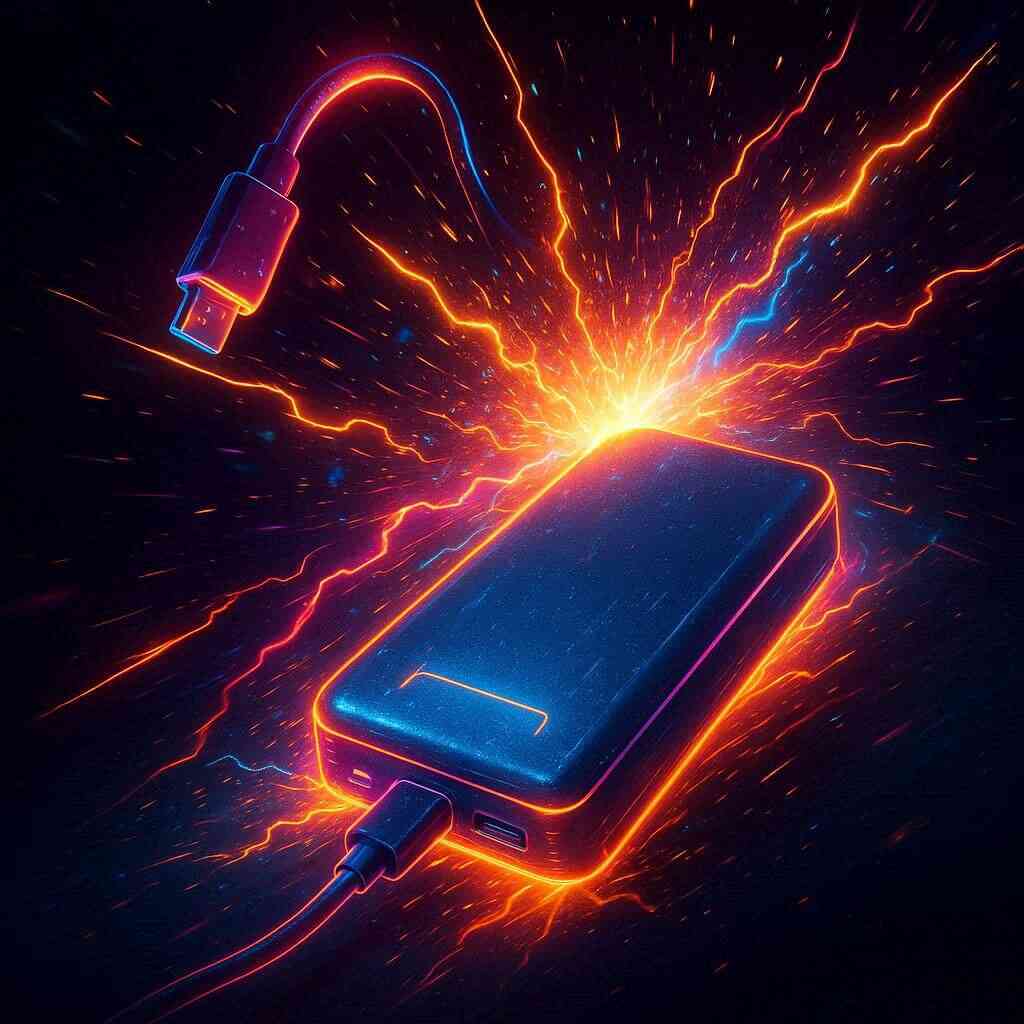 Explosive neon illustration of a power bank and charging cable—high-speed charging energy, raw power surge, dramatic tech intensity
