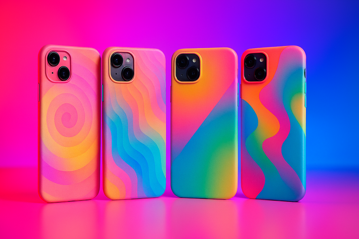 Bright rainbow-gradient smartphone cases glowing under neon light—playful artistic energy, bold individuality, colorful style explosion