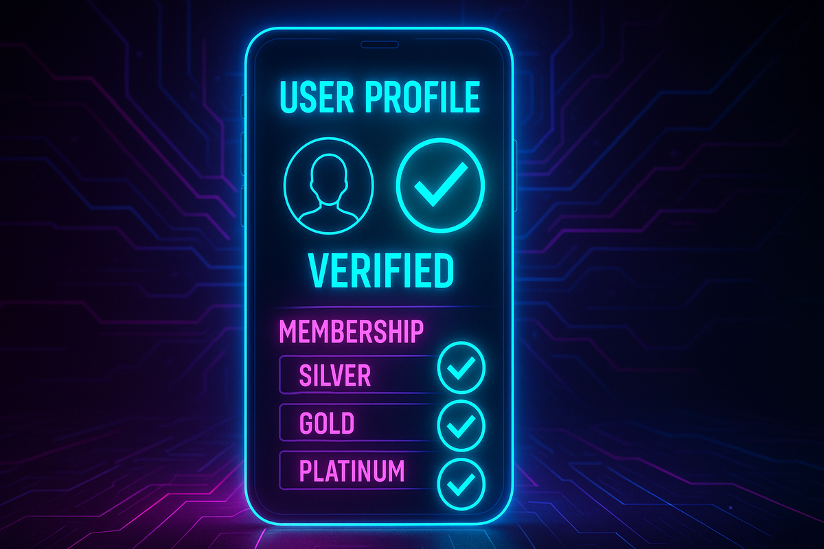 Futuristic glowing smartphone profile verification screen, cyber grid background, bold checkmarks—elite membership validation, high-tech trust, vibrant digital aura