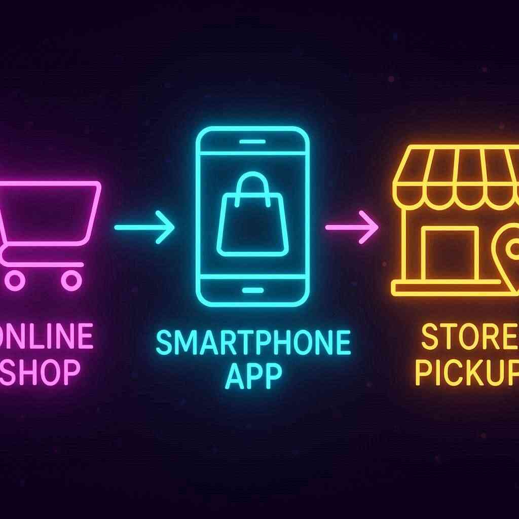 Vivid neon shopping flowchart: online shop → smartphone app → store pickup—crystal-clear purchase journey, playful colors, futuristic clarity
