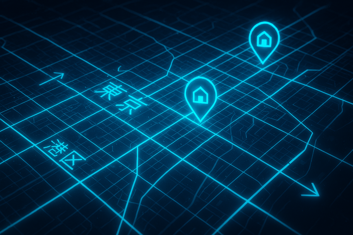 Glowing cyber map of Tokyo streets, bright blue navigation pins floating above the grid—futuristic precision, city exploration vibes, immersive tech atmosphere