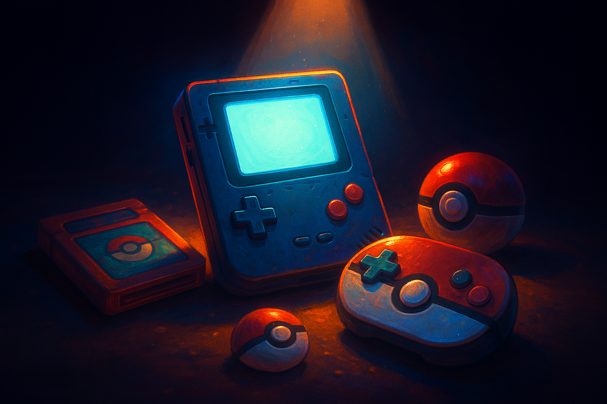 Warm nostalgic lighting on vintage handheld consoles, Pokéballs, and cartridges—retro gaming shrine, emotional childhood memories, magical collector’s treasure