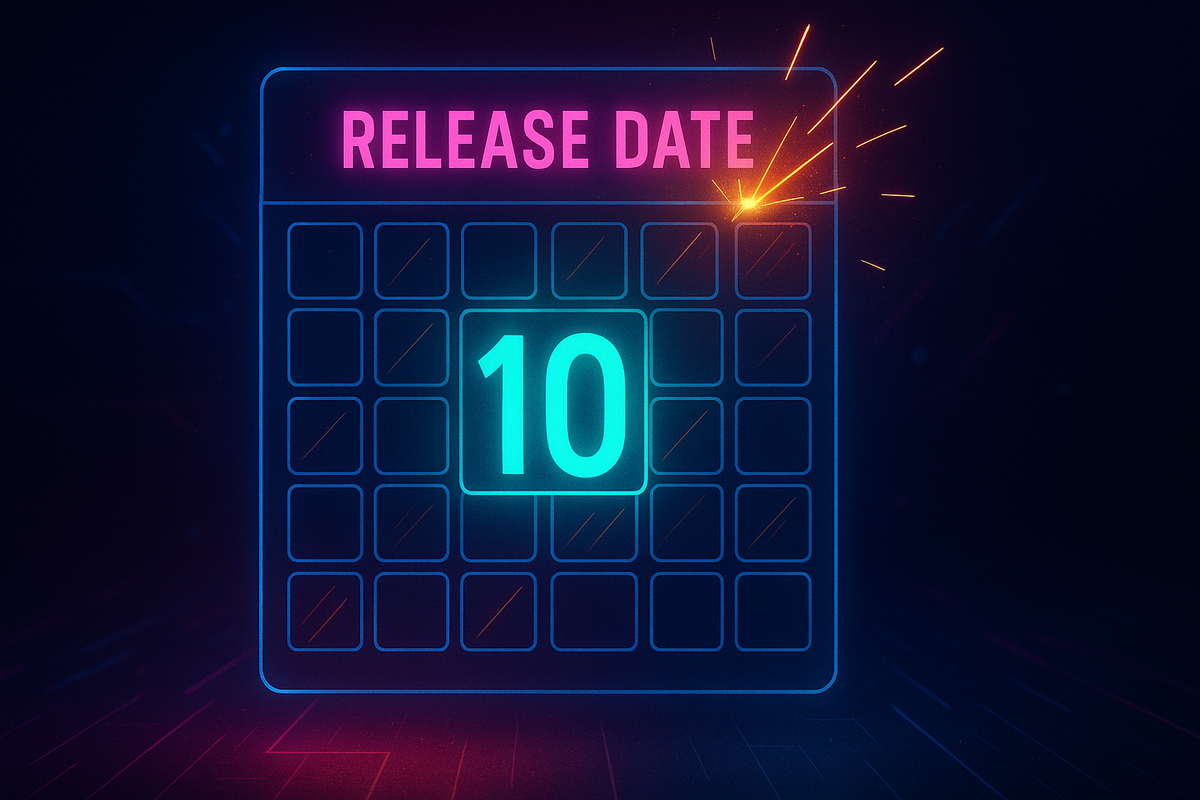 Neon glowing calendar with a highlighted release date—countdown energy, sparks of excitement, must-watch gaming launch timeline
