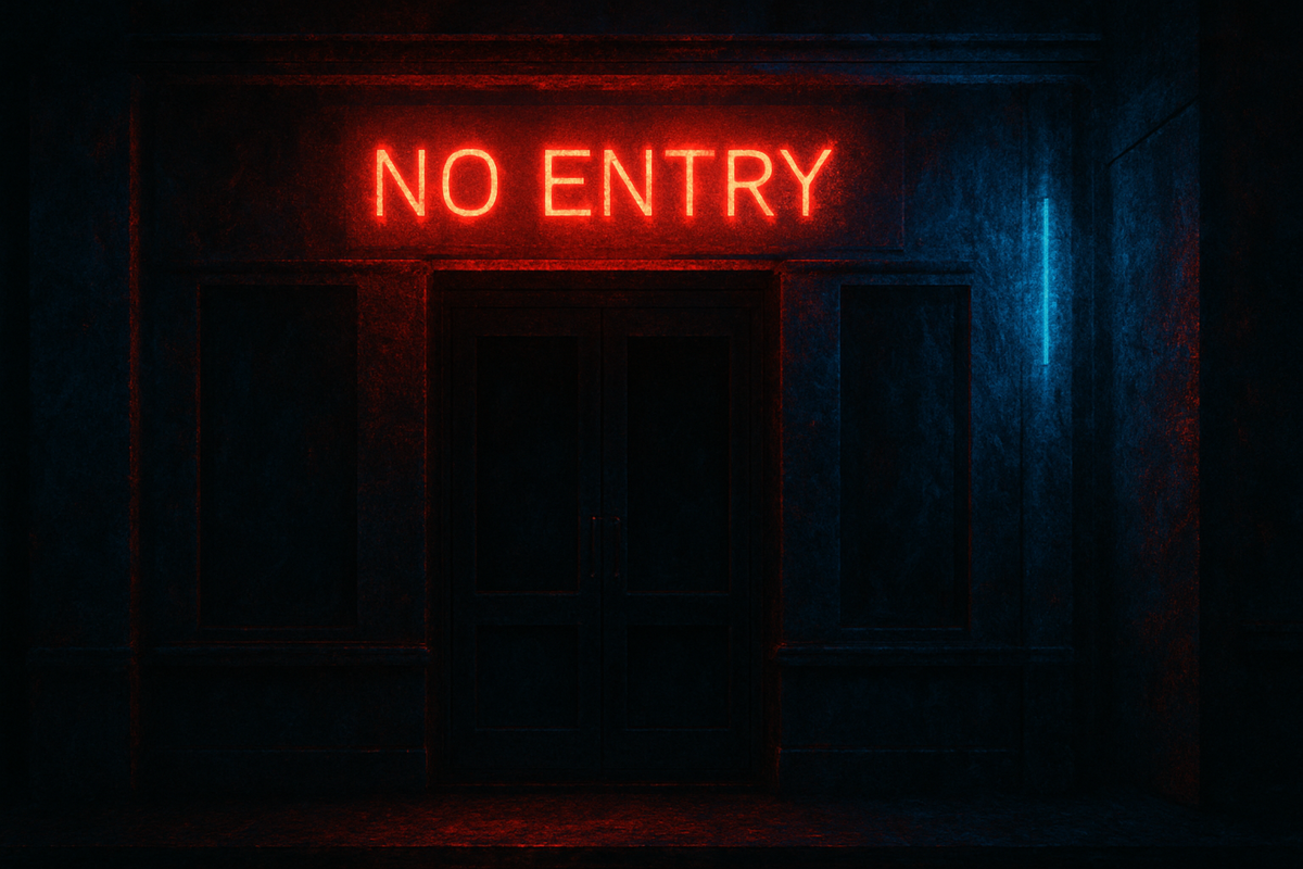 Dark hallway with glowing red “NO ENTRY” neon sign—exclusive, forbidden vibe, high-stakes mystery and gaming scarcity tension