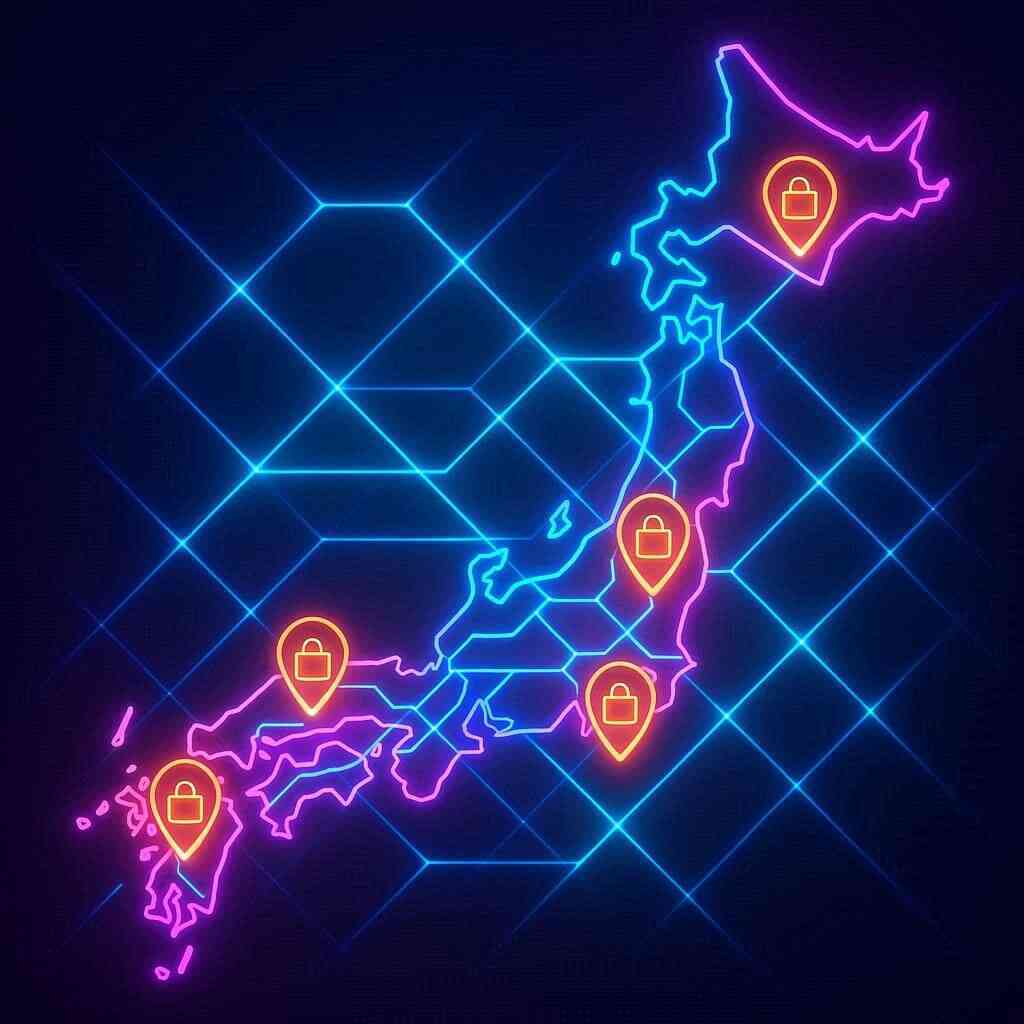 Neon cyber map of Japan with glowing lock icons—exclusive store availability, regional scarcity, electrifying anticipation for collectors