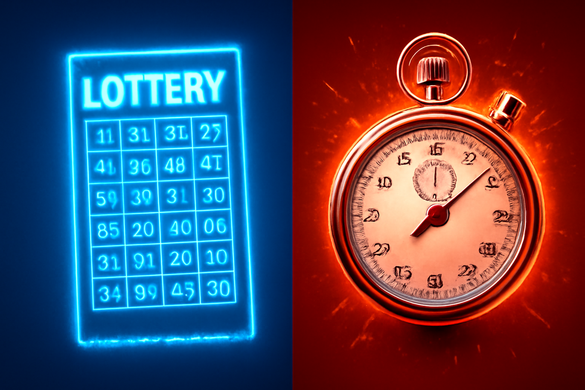 Split-screen glowing lottery ticket and antique stopwatch—ticking clock urgency, thrilling draw excitement, luck-driven gaming rush