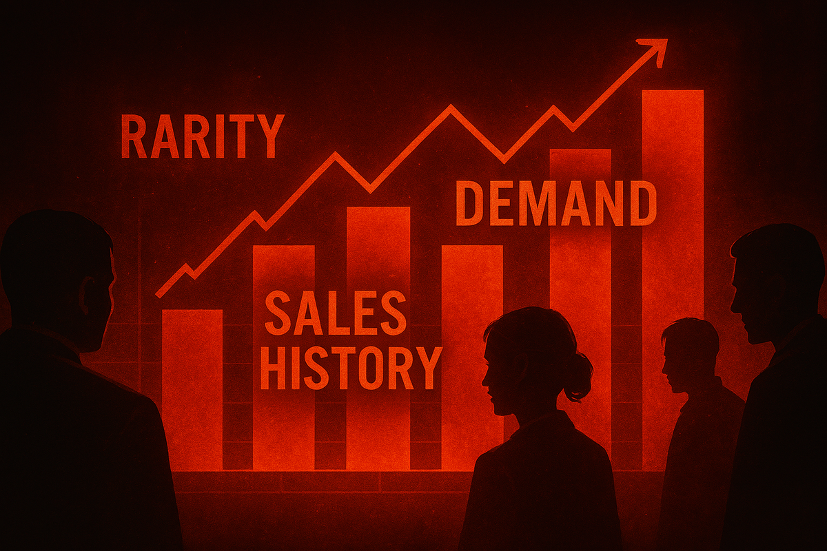 Red neon bar graph showing rarity, demand, and sales history—scarcity drama, hype market trend, collector’s pulse racing data