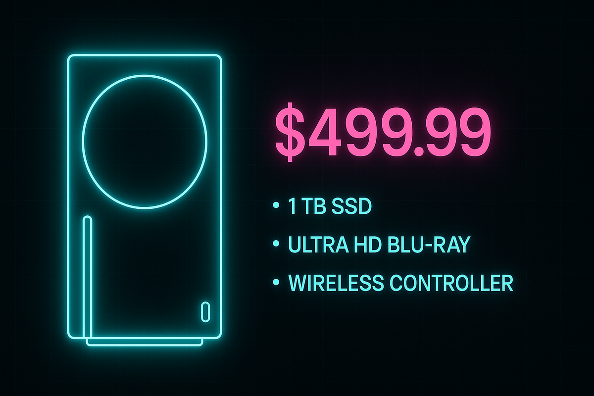 Neon console outline with bold price tag and specs—$499.99 highlighted, premium hardware energy, futuristic tech showcase