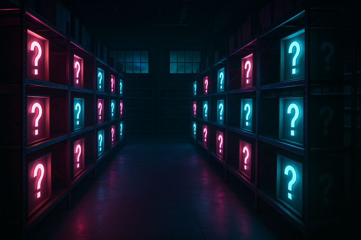 Warehouse aisle lined with glowing question-mark boxes—mystery stock levels, secret drops, high-stakes gaming treasure hunt