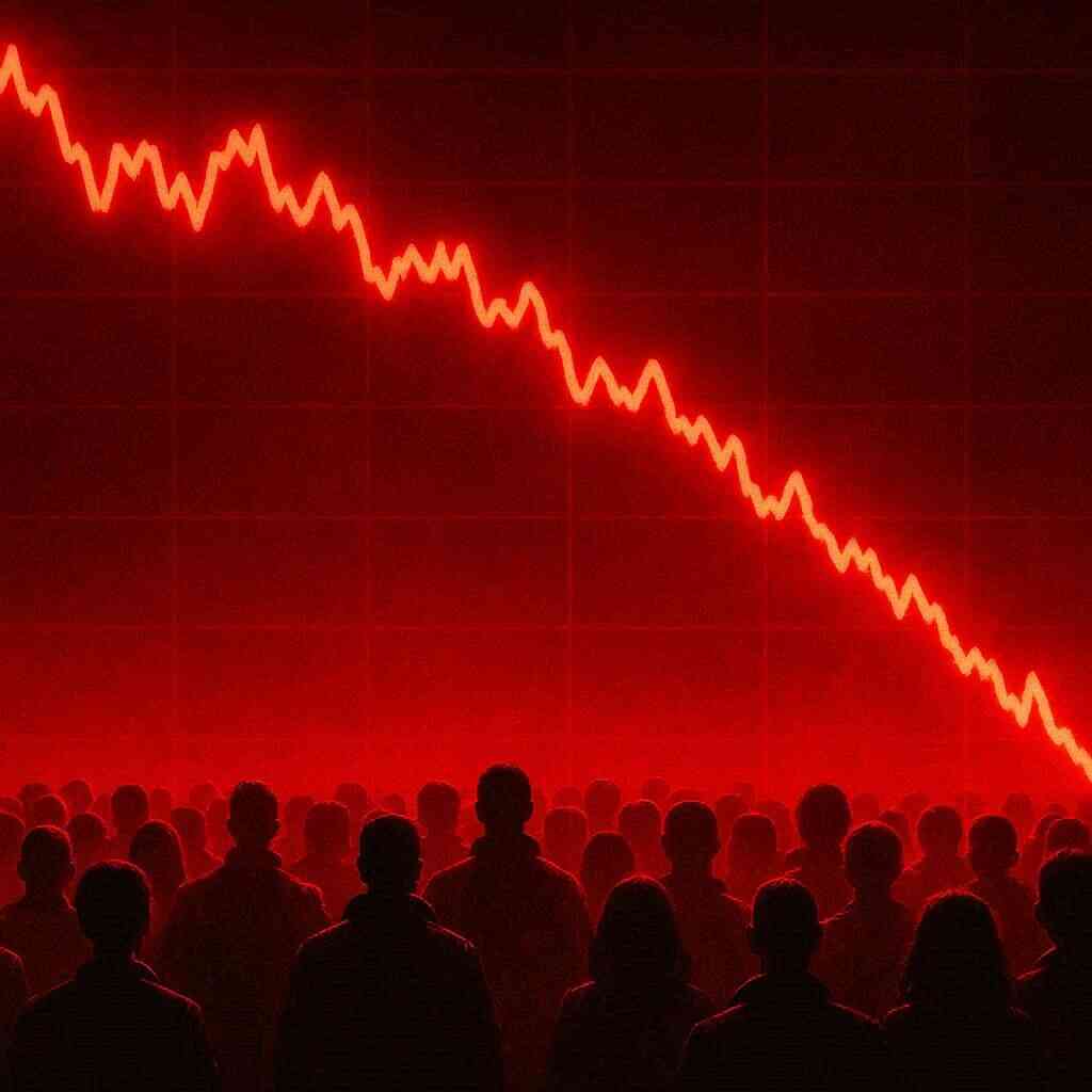 Crowd silhouetted against a blood-red market crash graph—intense atmosphere, scarcity panic, electrifying fear of missing out
