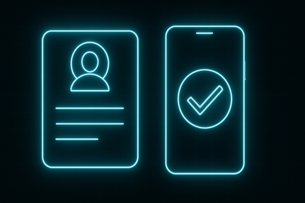 Minimalist neon ID card and smartphone verification screen—futuristic digital security, trust, and smooth signup energy