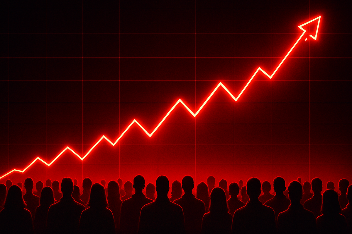 Silhouetted crowd under a blazing red arrow chart—skyrocketing hype, explosive demand surge, and heart-pounding scarcity vibes