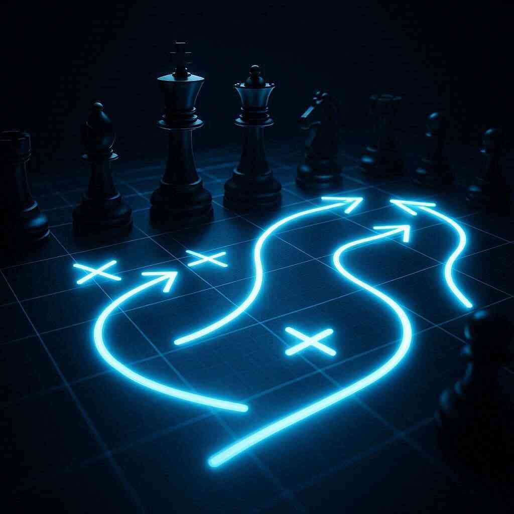 Strategic chessboard glowing with neon arrows—mastermind planning, precision tactics, and high-stakes decision-making in a digital battlefield