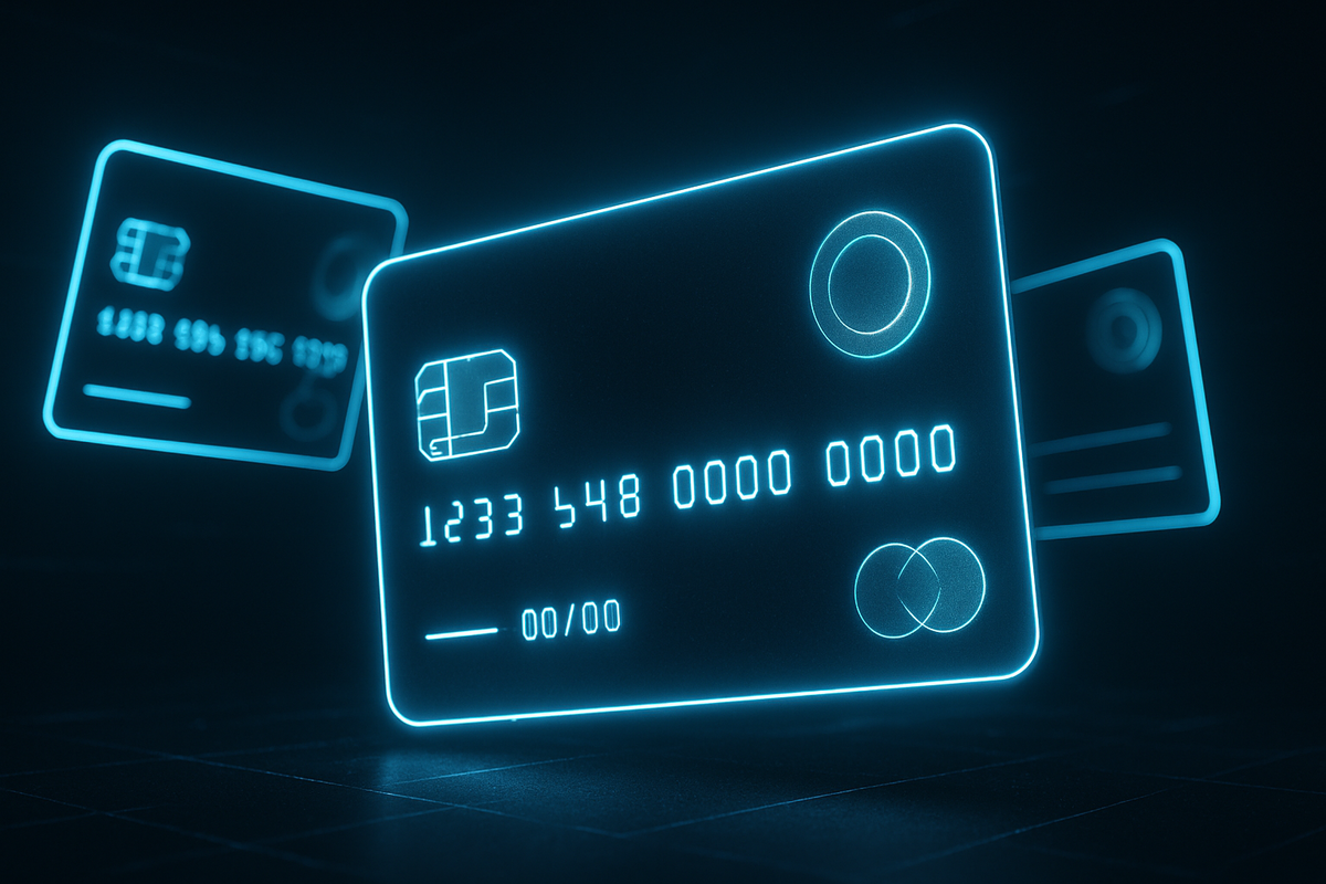 Floating neon credit cards in a dark cyber space—financial power, exclusivity, and elite access glowing with futuristic energy