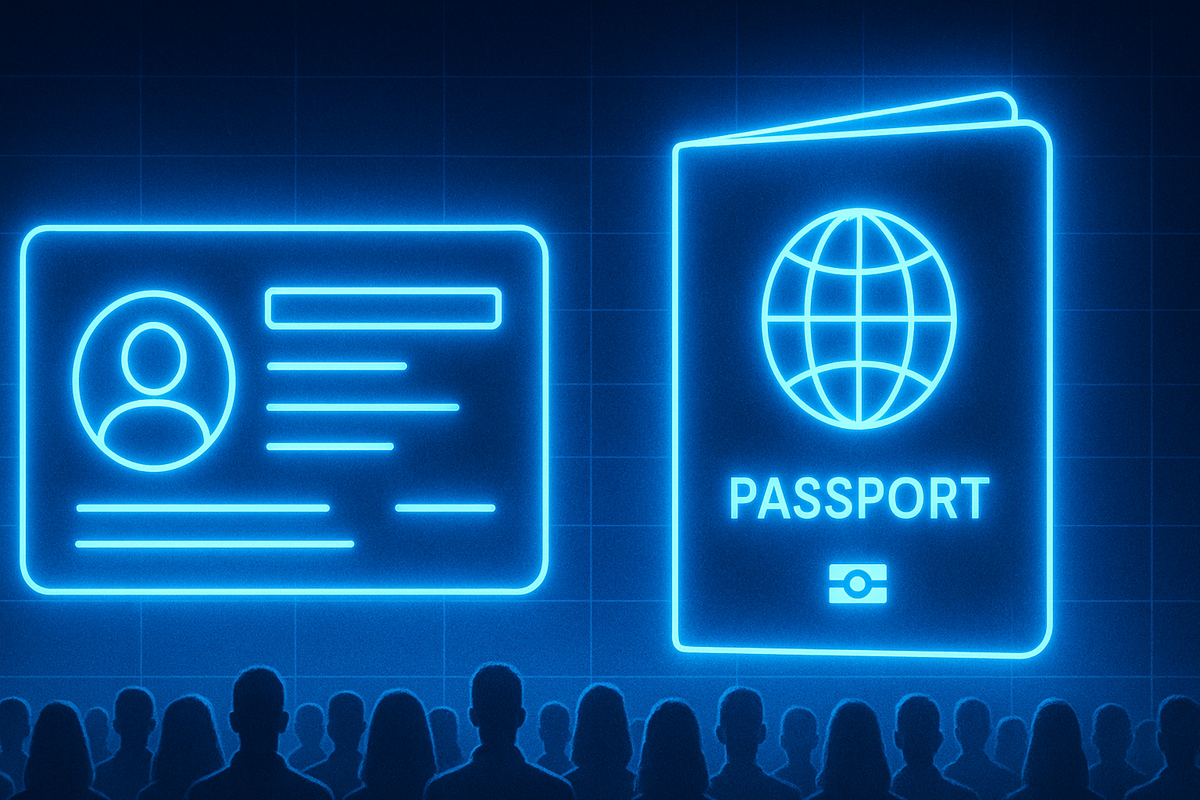 Glowing passport and ID card under a spotlight—strict identity verification, security tension, and anticipation for limited-edition purchases