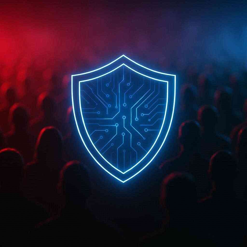 Glowing cybersecurity shield in a crowd—intense vigilance, high-stakes anti-scalper enforcement, a digital fortress for fair sales